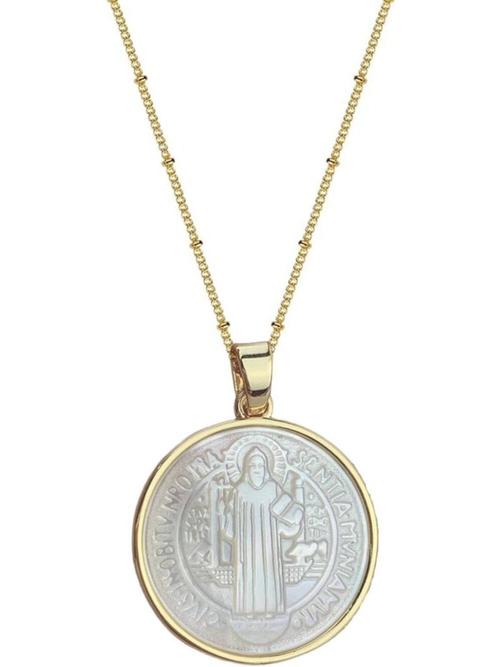 Elegant Mother of Pearl Pendant Necklace, 18K Gold Plated, Catholic Jewelry